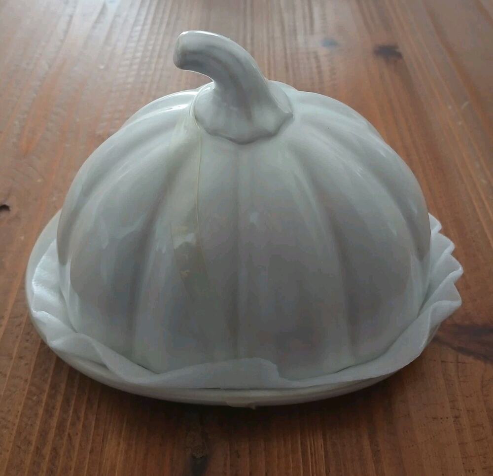 Hobby Lobby Pumpkin Shaped 6.7x4.9 in Butter Dish Cheese Dome Lid Ivory NWT